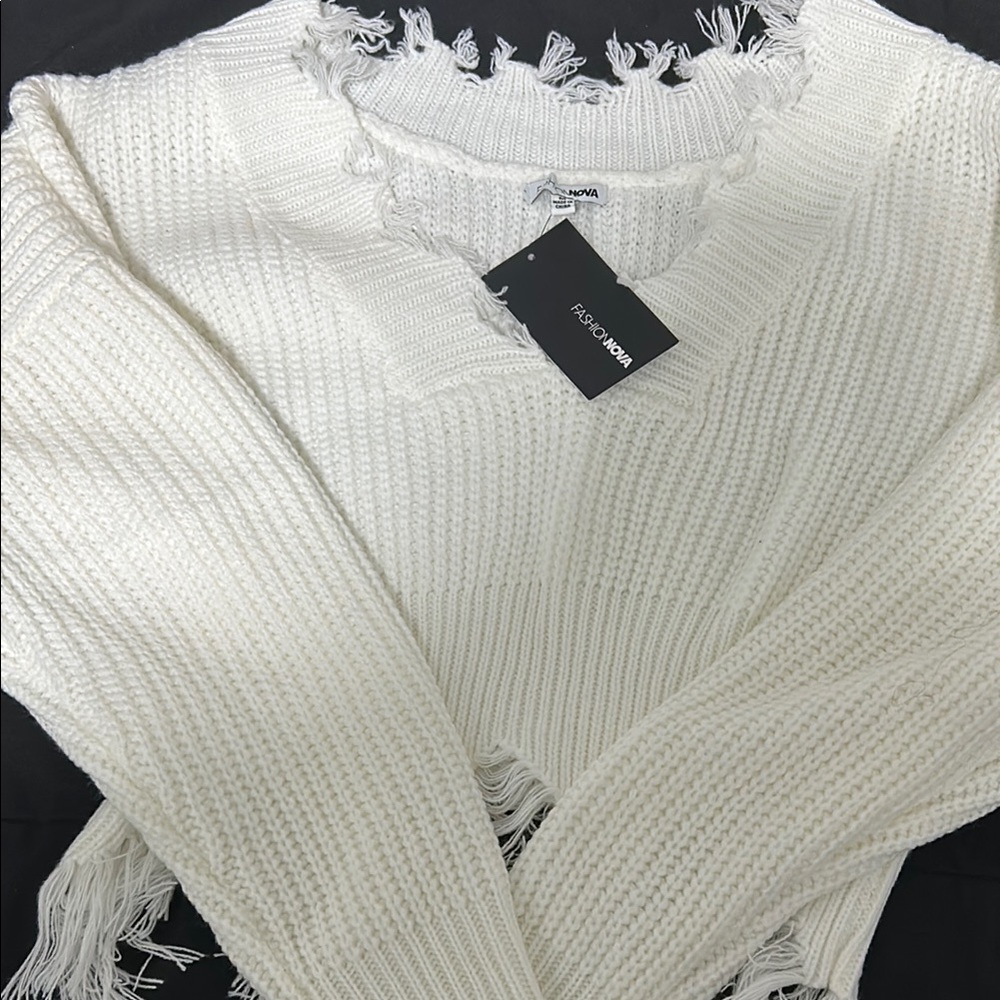 Fashion Nova White Distressed Sweater